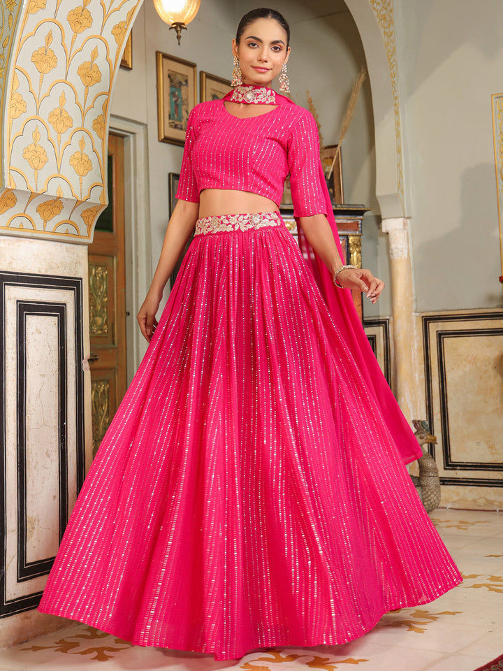 Pink-Georgette-Foil-Print-Lehenga-Set