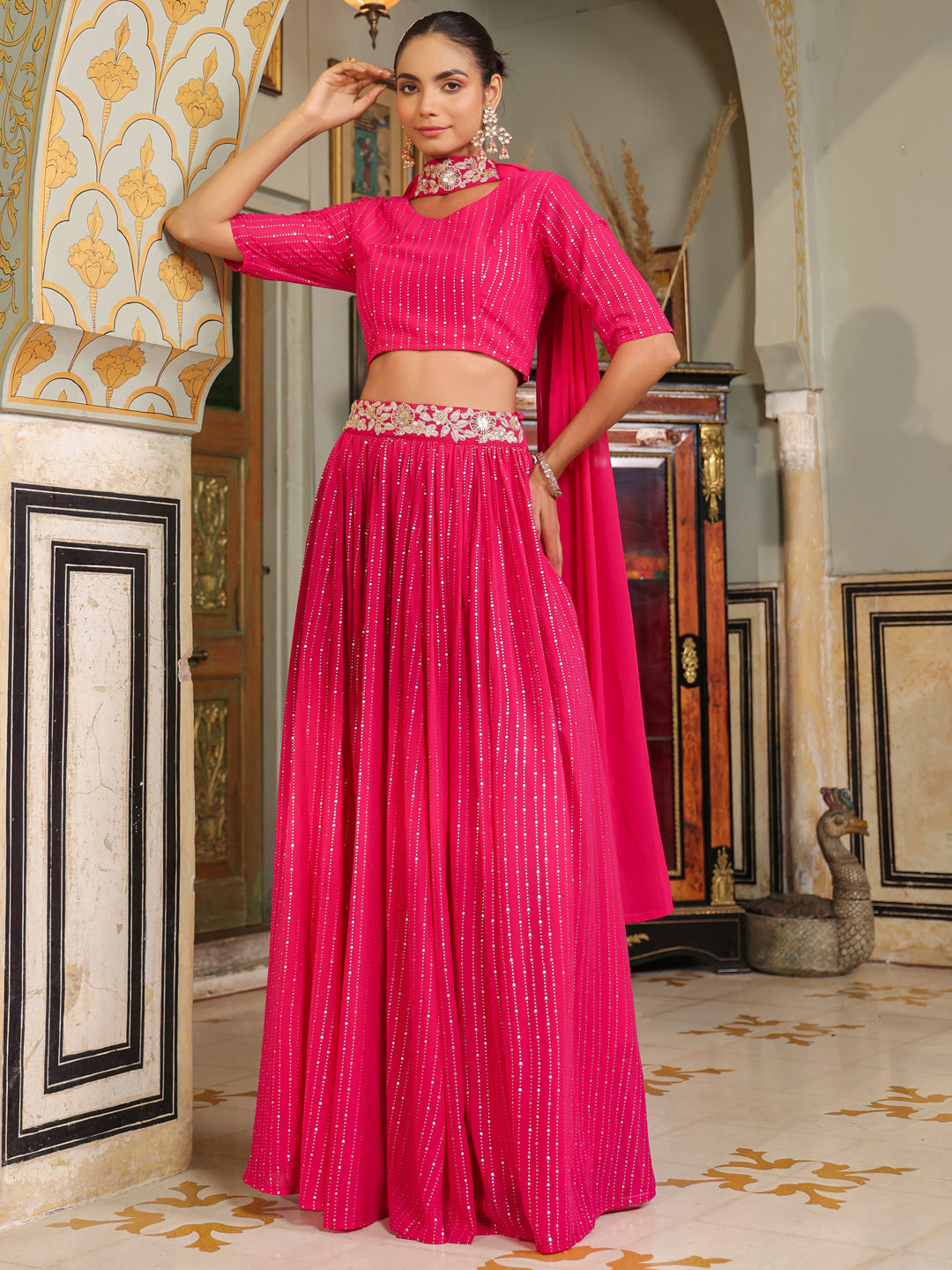 Pink-Georgette-Foil-Print-Lehenga-Set