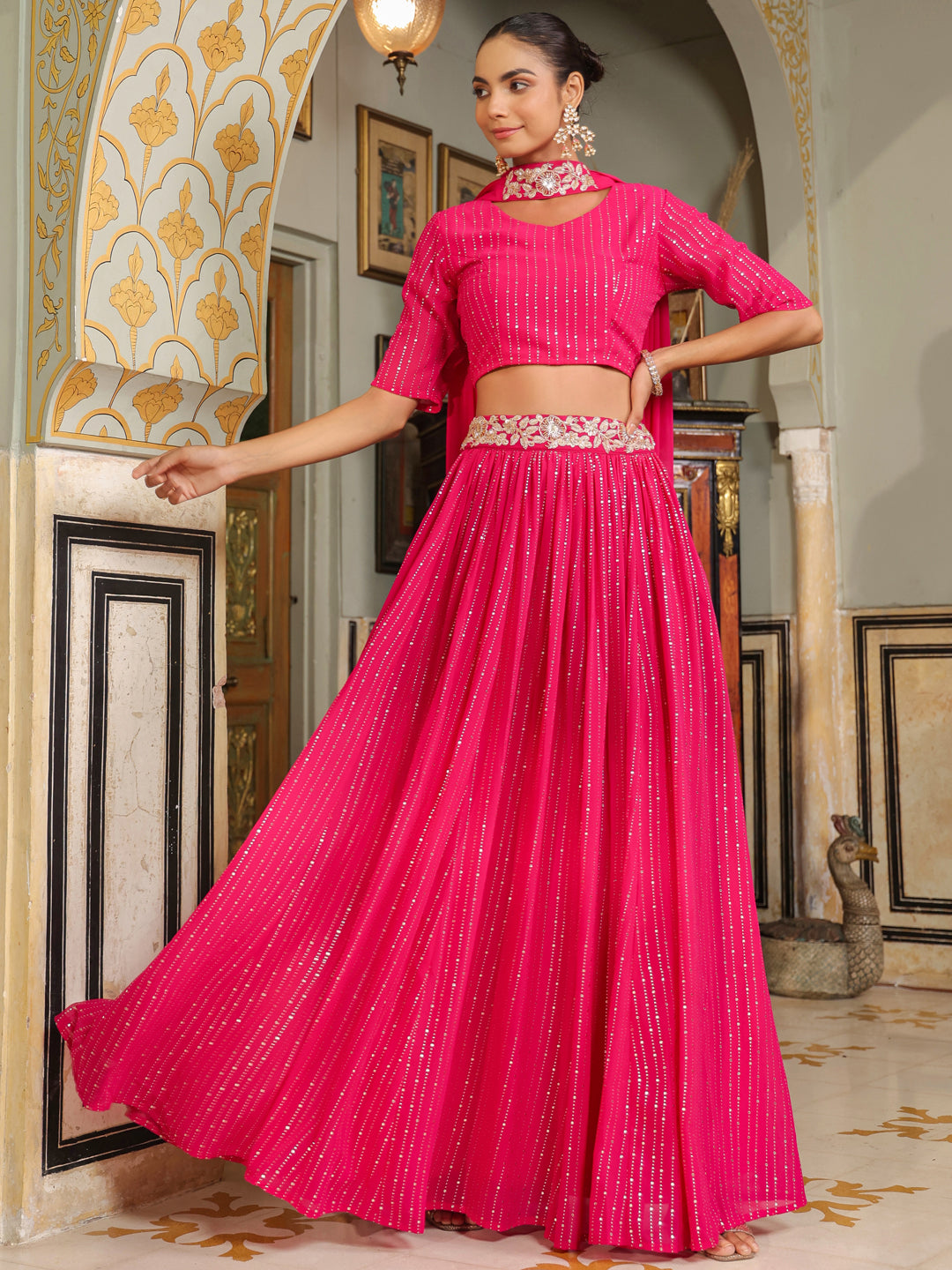 Pink-Georgette-Foil-Print-Lehenga-Set