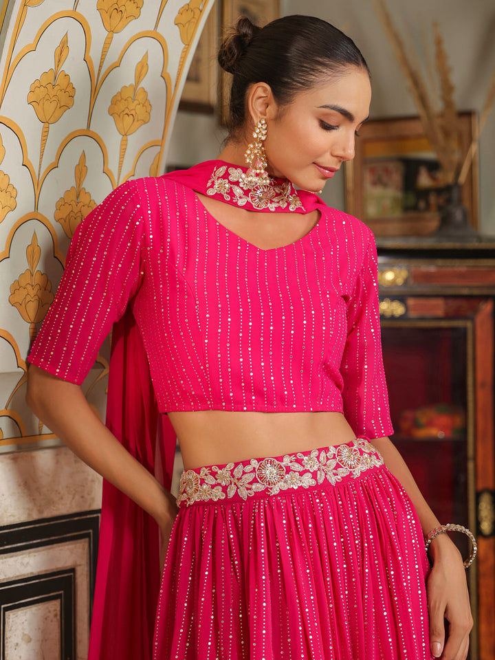 Pink-Georgette-Foil-Print-Lehenga-Set