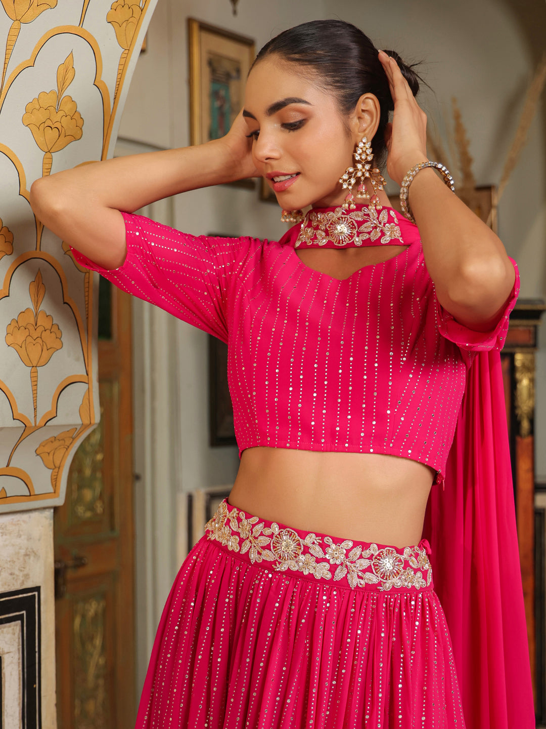 Pink-Georgette-Foil-Print-Lehenga-Set