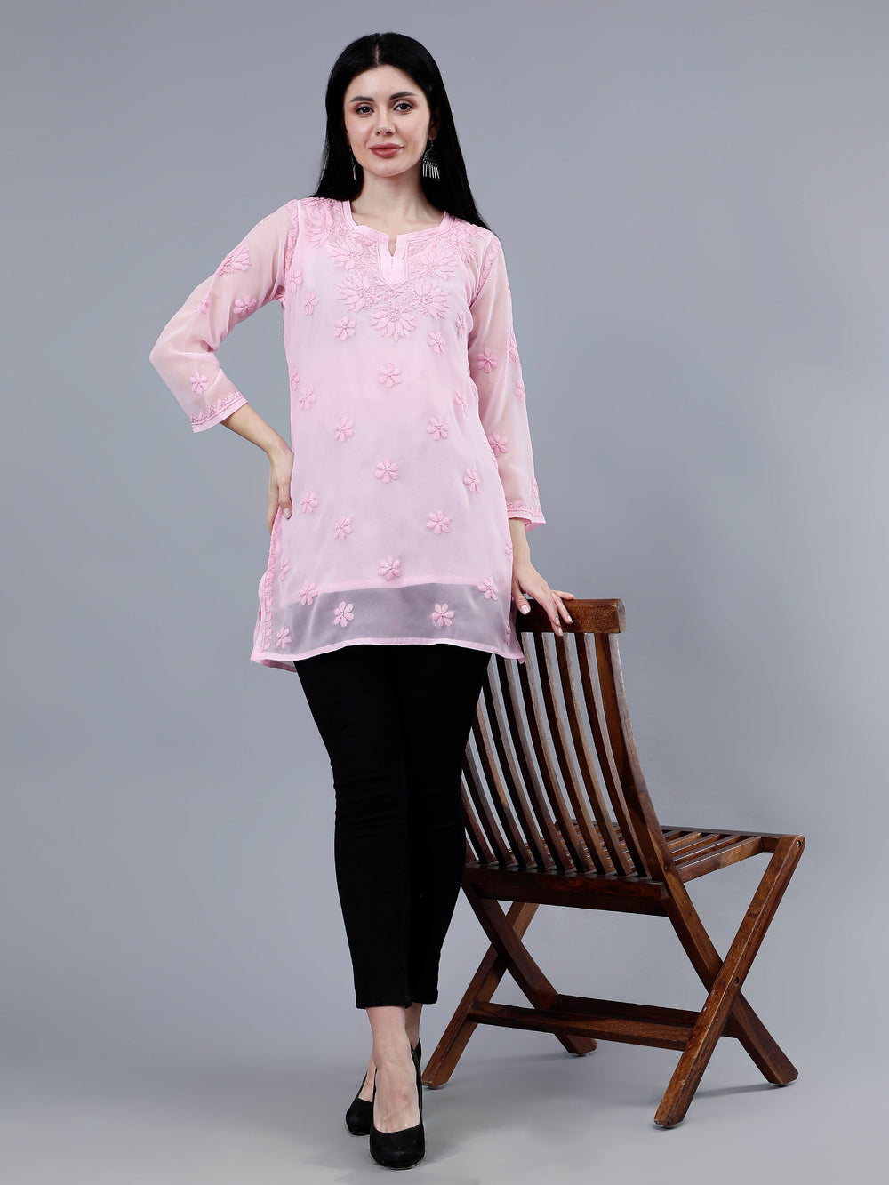 Pink-Georgette-Hand-Embroidered-Chikankari-Short-Tunic-with-Slip