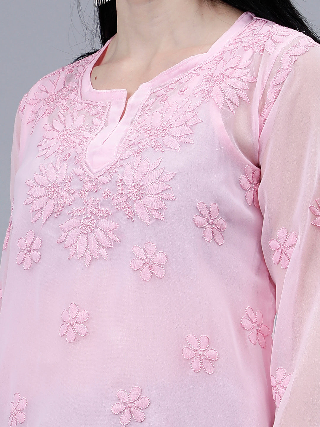 Pink-Georgette-Hand-Embroidered-Chikankari-Short-Tunic-with-Slip