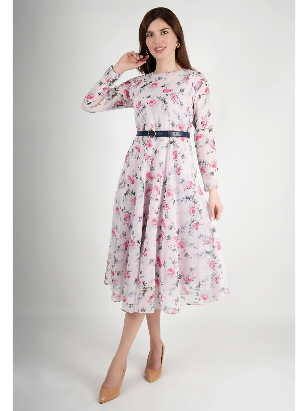 Pink-Georgette-Sunshine-A-Line-Dress-With-Belt