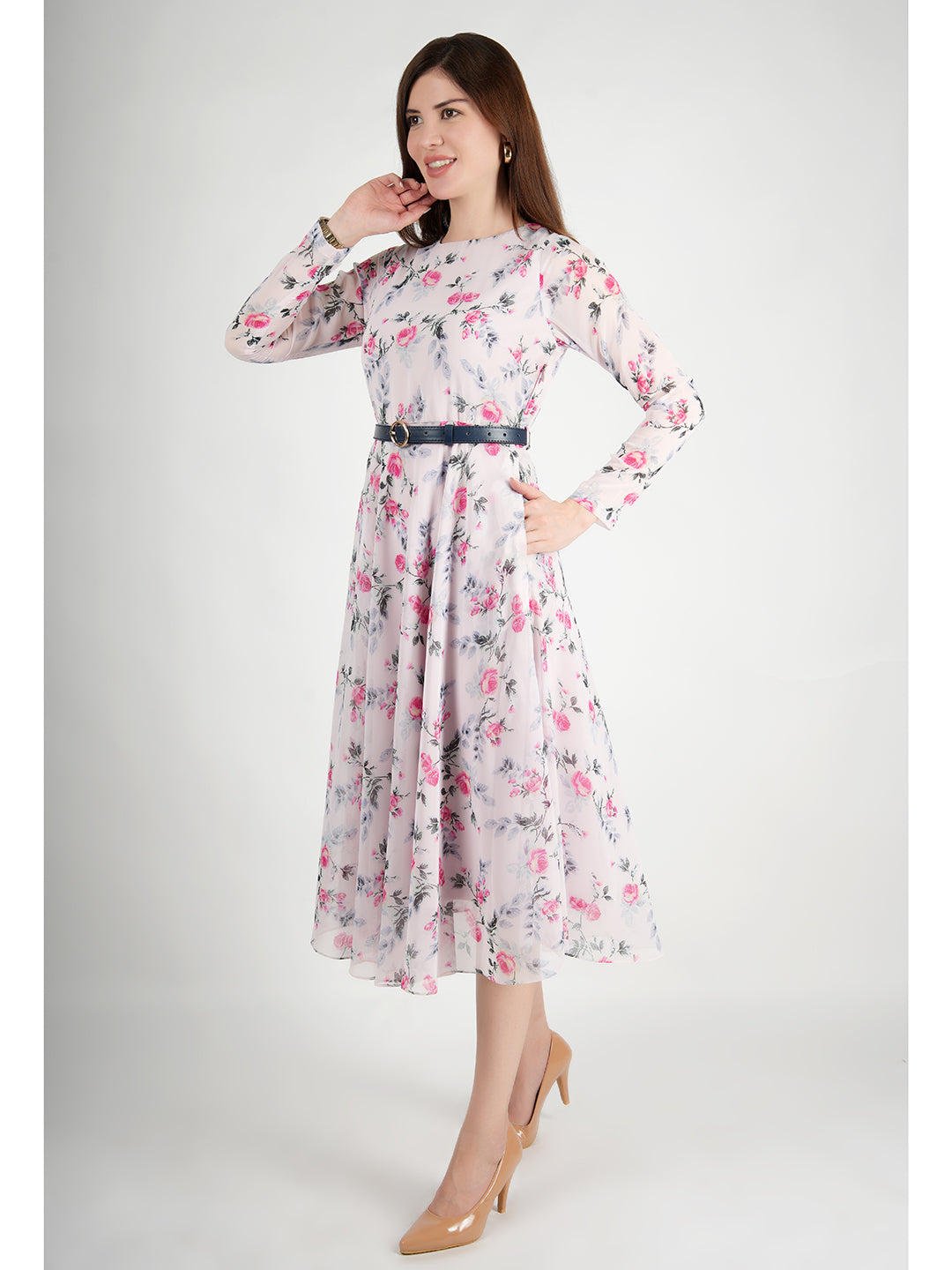 Pink-Georgette-Sunshine-A-Line-Dress-With-Belt