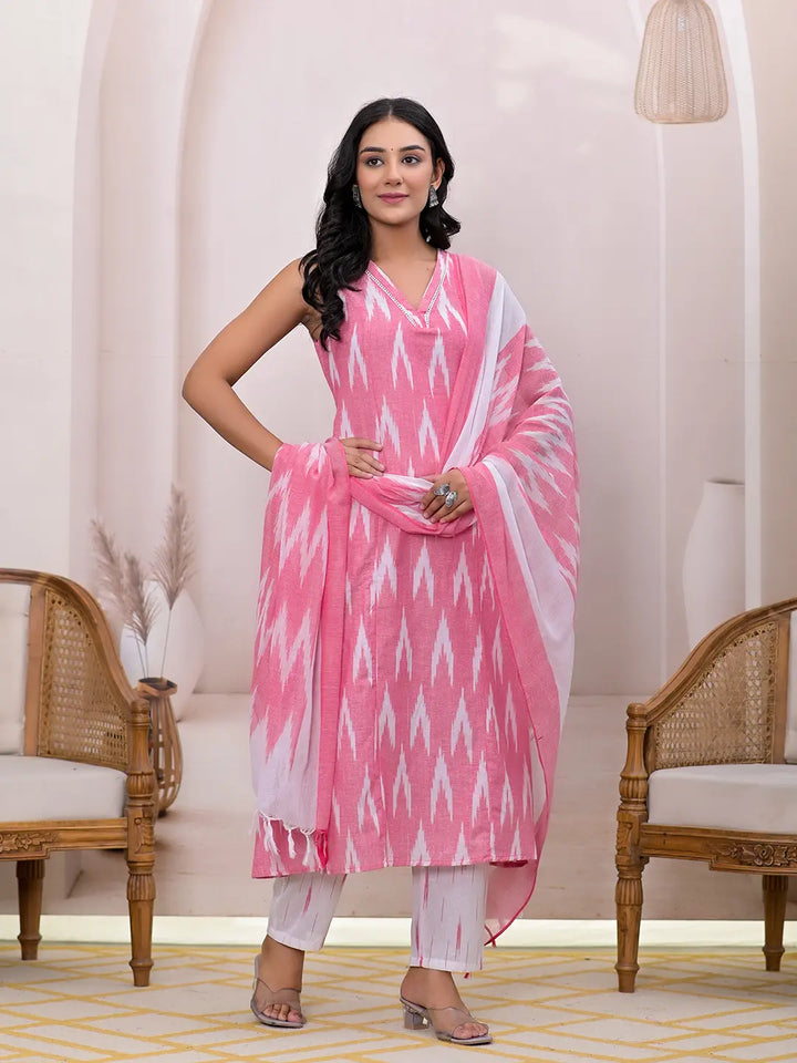 Pink-Pure-Cotton-Ikat-Print-A-Line-3-Piece-Kurta-Set