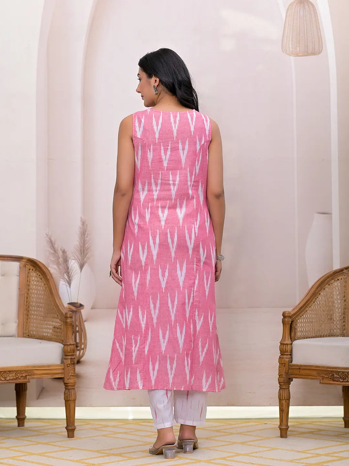 Pink-Pure-Cotton-Ikat-Print-A-Line-3-Piece-Kurta-Set