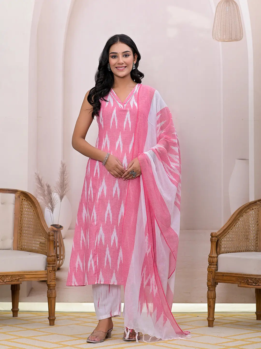 Pink-Pure-Cotton-Ikat-Print-A-Line-3-Piece-Kurta-Set