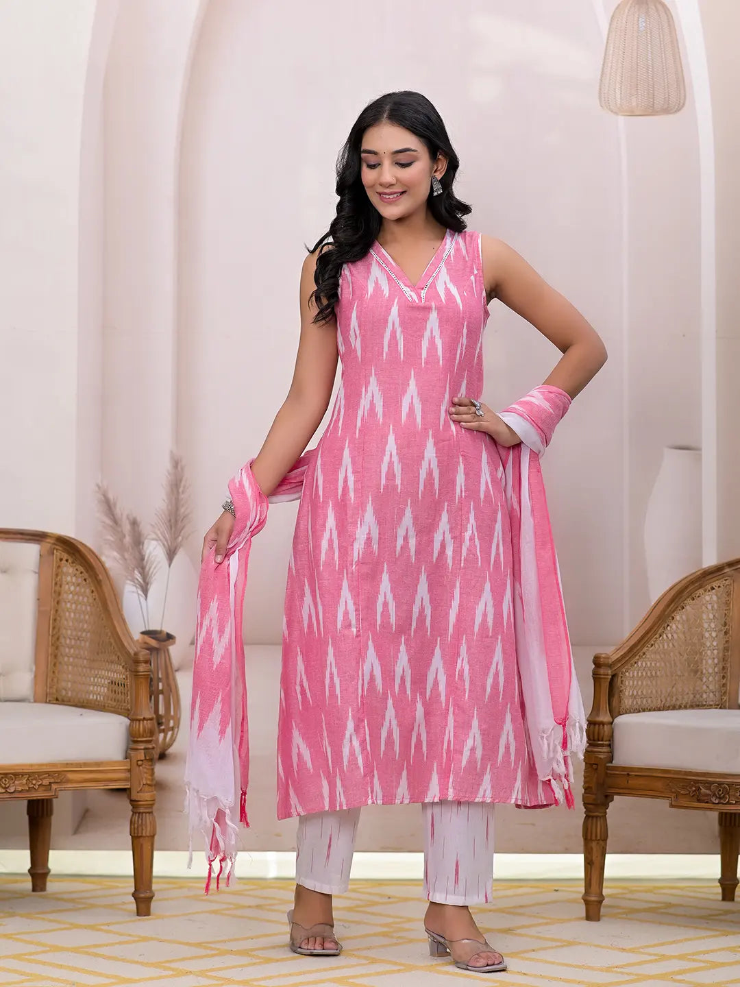 Pink-Pure-Cotton-Ikat-Print-A-Line-3-Piece-Kurta-Set