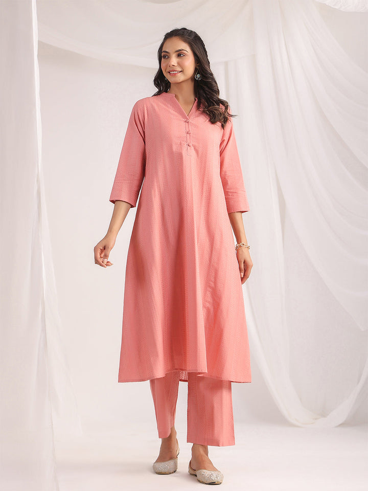 ZERESOUQ-Pink-Jacquard-Band-Collar-A-Line-Co-Ord-set