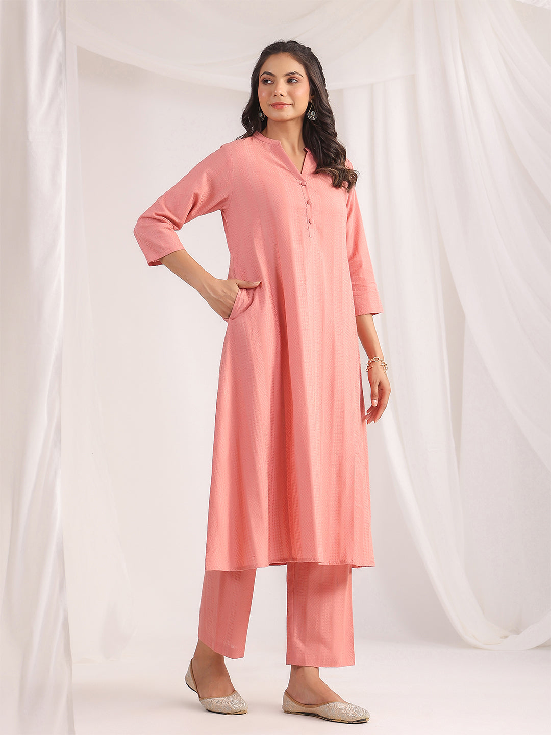 ZERESOUQ-Pink-Jacquard-Band-Collar-A-Line-Co-Ord-set