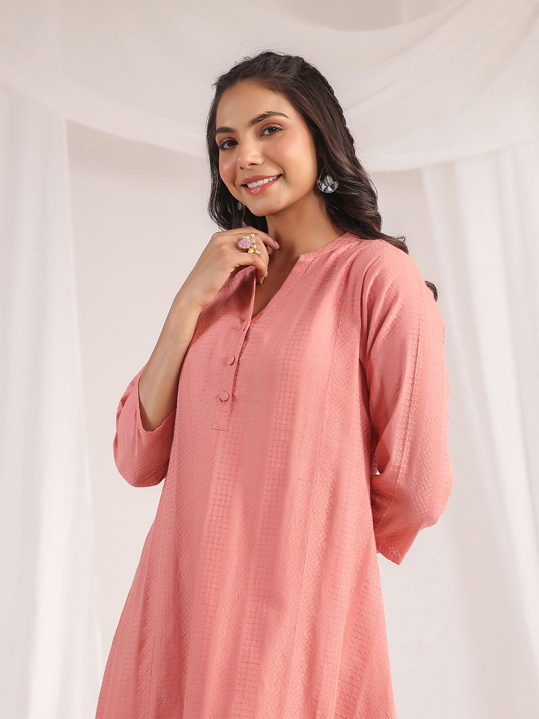 ZERESOUQ-Pink-Jacquard-Band-Collar-A-Line-Co-Ord-set