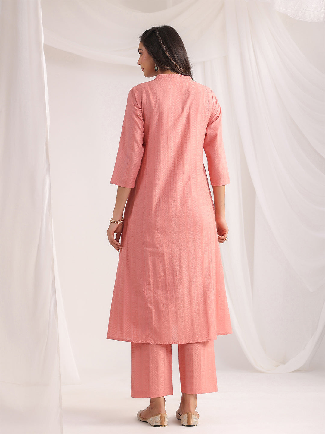 Pink-Jacquard-Band-Collar-A-Line-Co-Ord-set