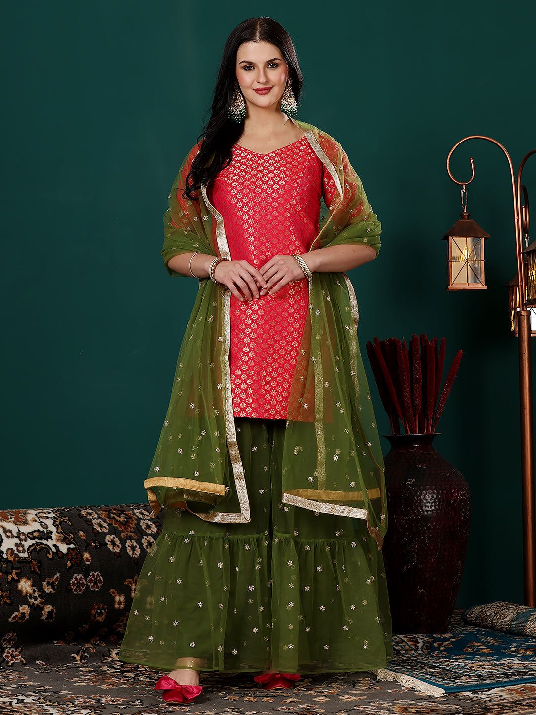 Pink-Jacquard-&-Green-Net-Embroidered-Gharara-Suit