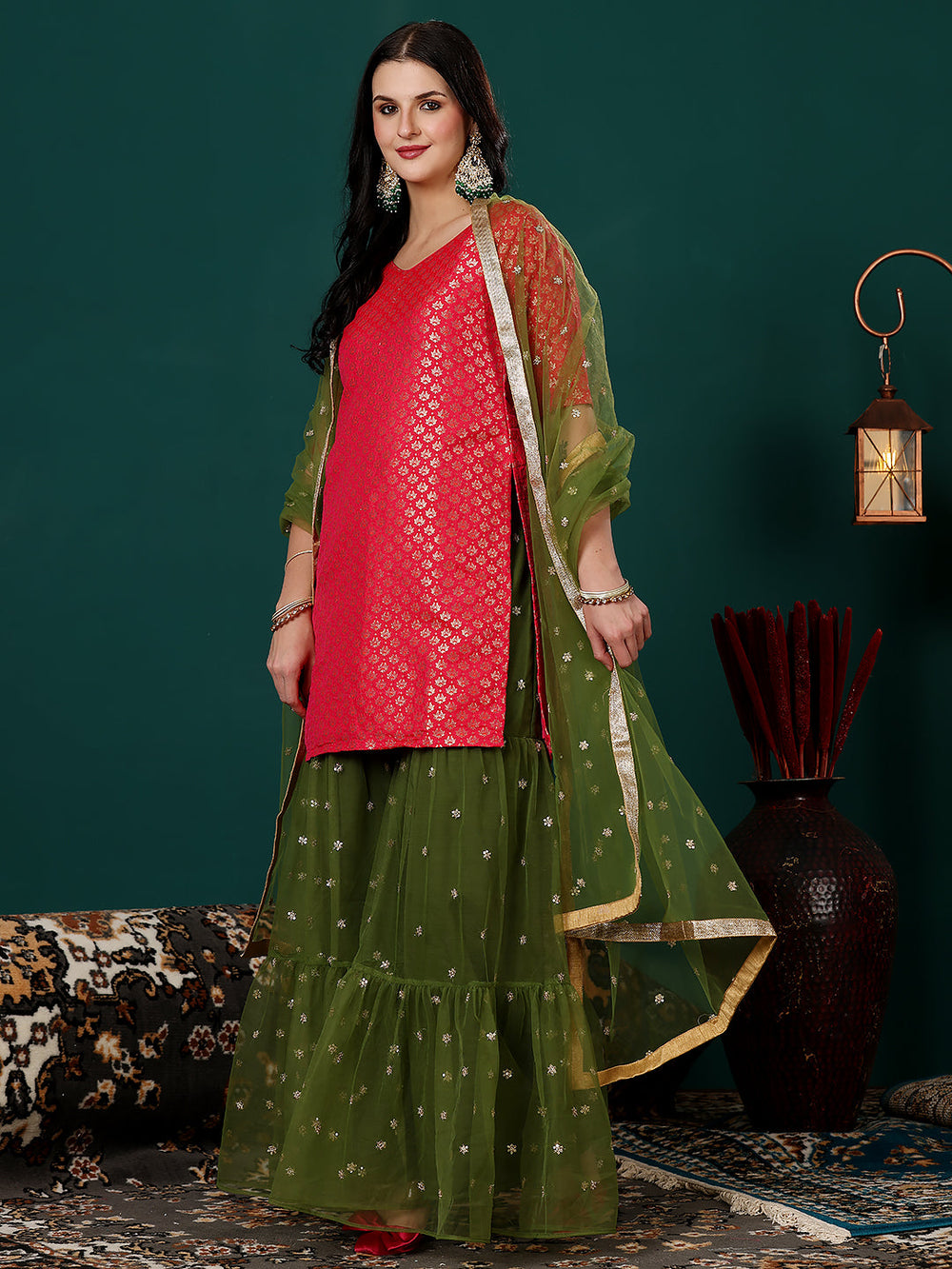 Pink-Jacquard-&-Green-Net-Embroidered-Gharara-Suit