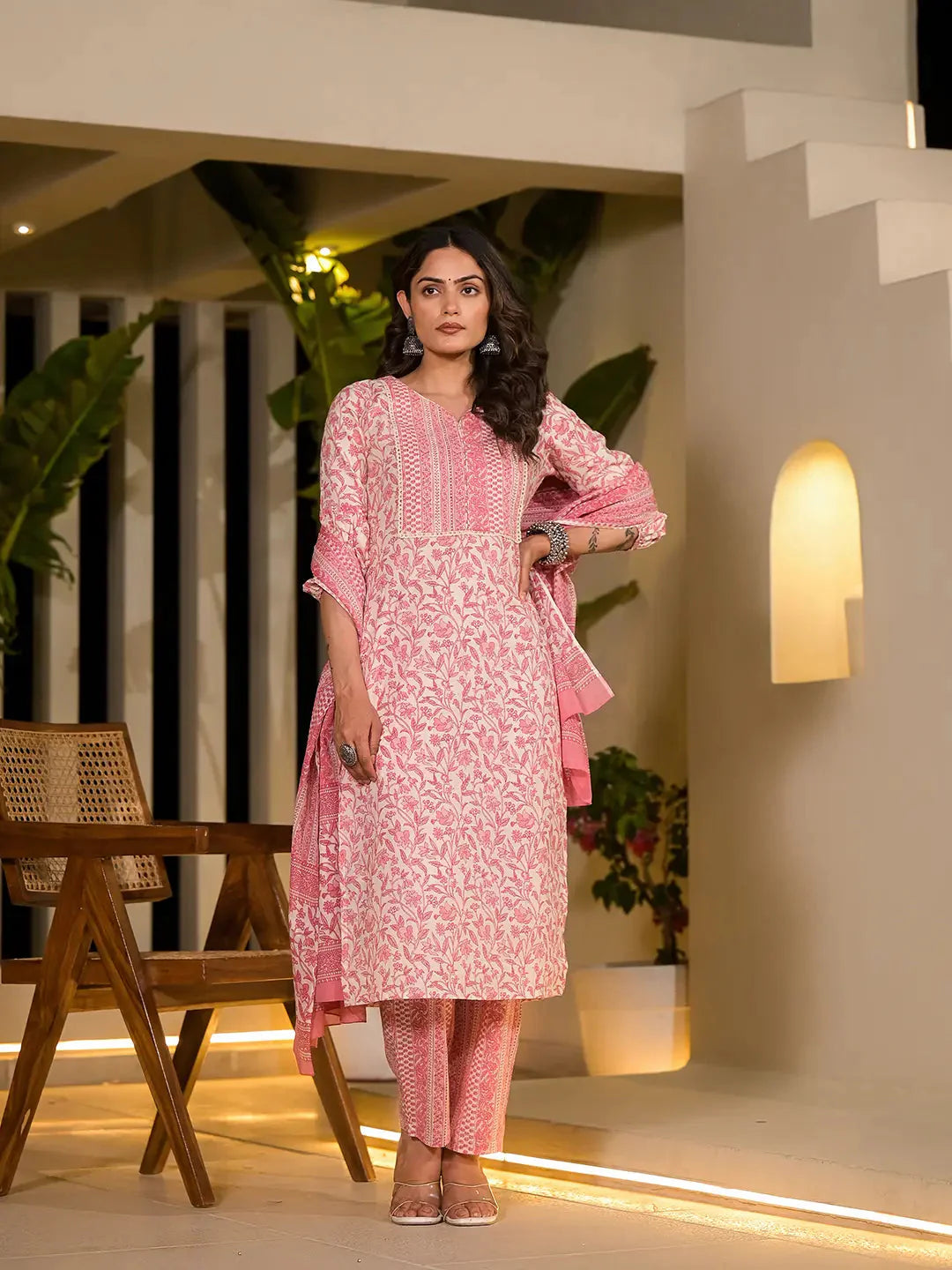 Pink-Cotton-Leaf-Print-Straight-3-Piece-Kurta-Set