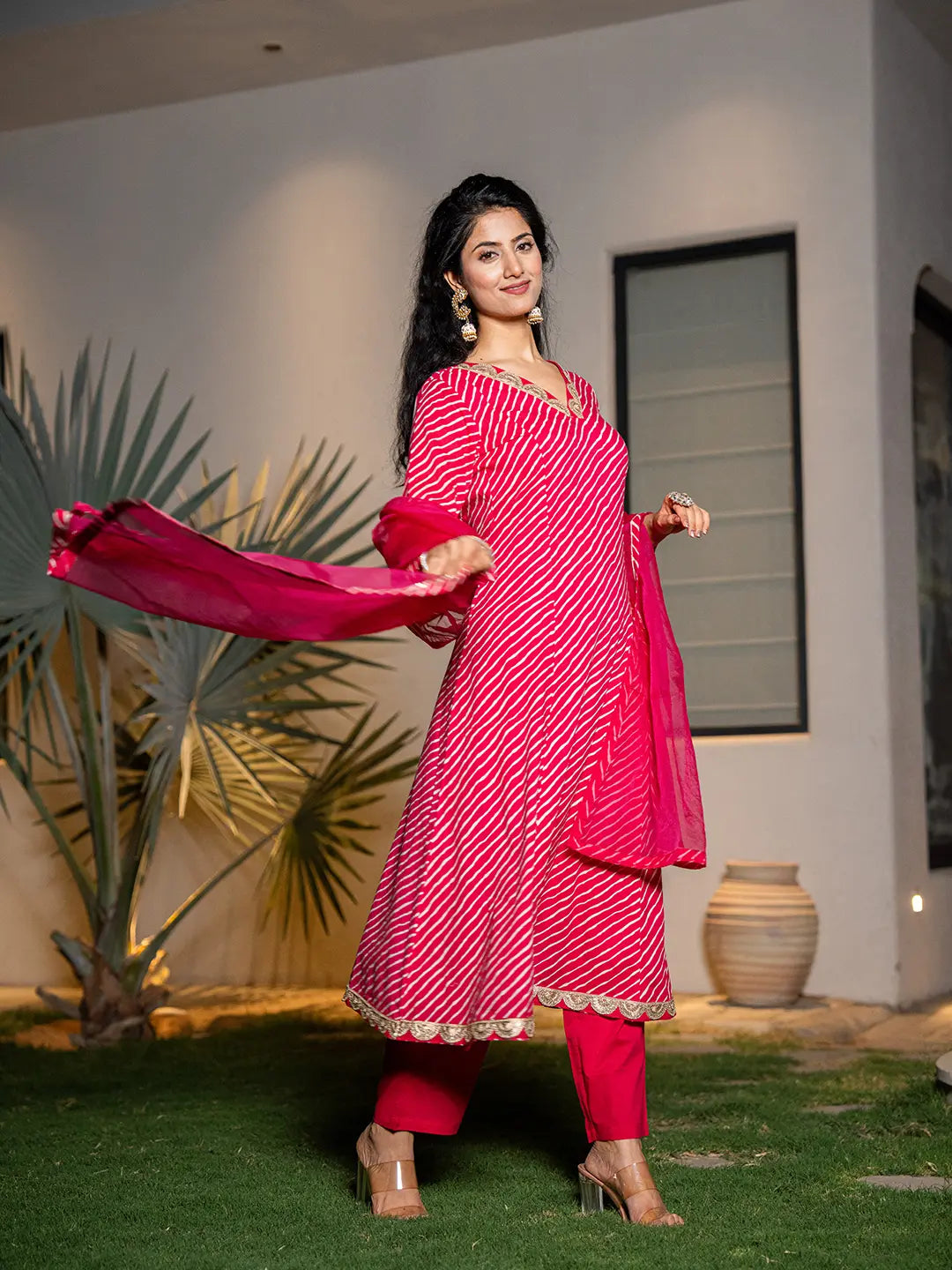 Pink-Cotton-Leheriya-Print-A-Line-3-Piece-Kurta-Set