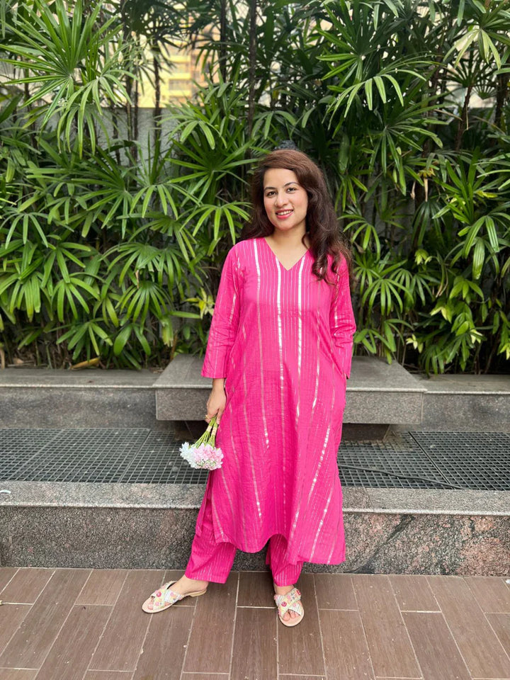 Pink Lurex Love Kurta And Pant Set