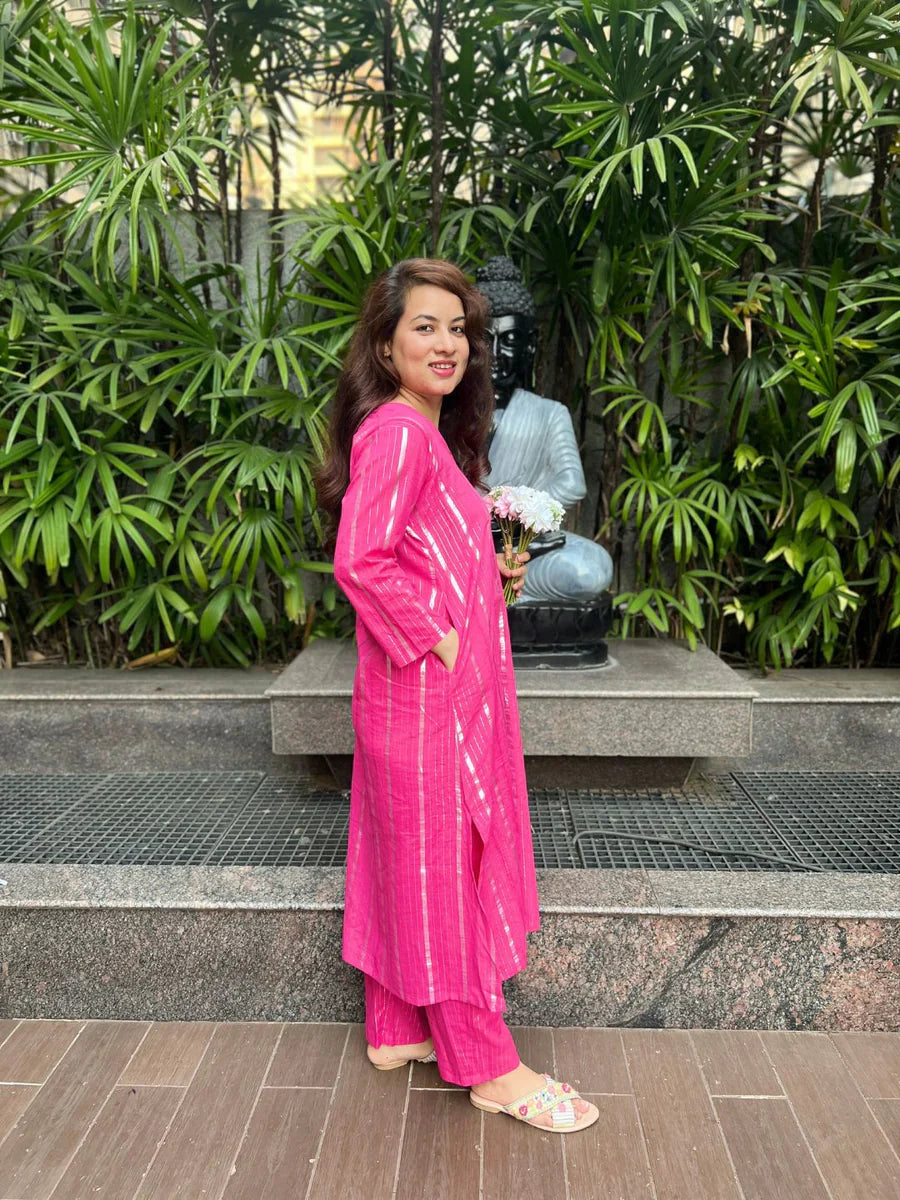 Pink Lurex Love Kurta And Pant Set