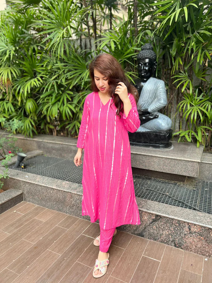 Pink Lurex Love Kurta And Pant Set