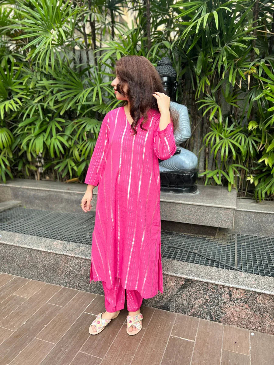 Pink Lurex Love Kurta And Pant Set