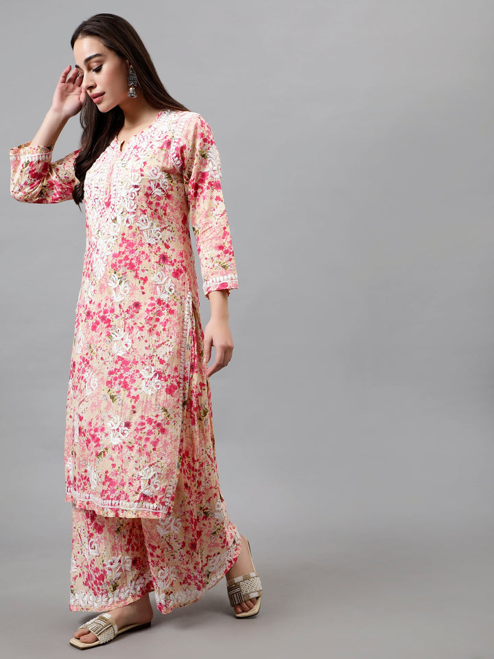 Pink-Mulmul-Embroidered-Chikankari-Kurta-&-Palazzo-Set