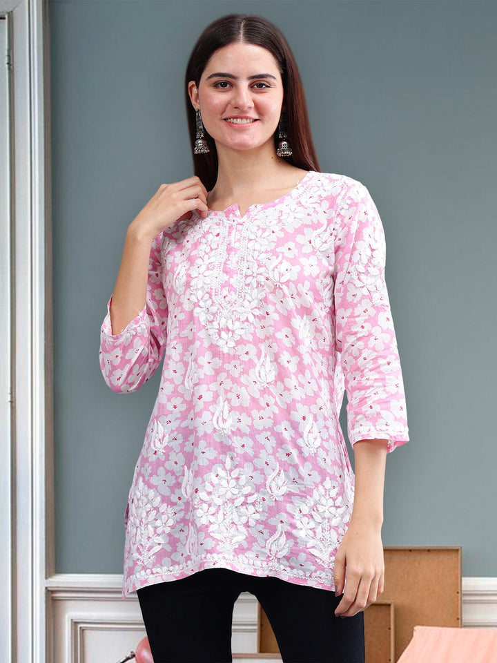 Pink-Mulmul-Embroidered-Chikankari-Short-Tunic