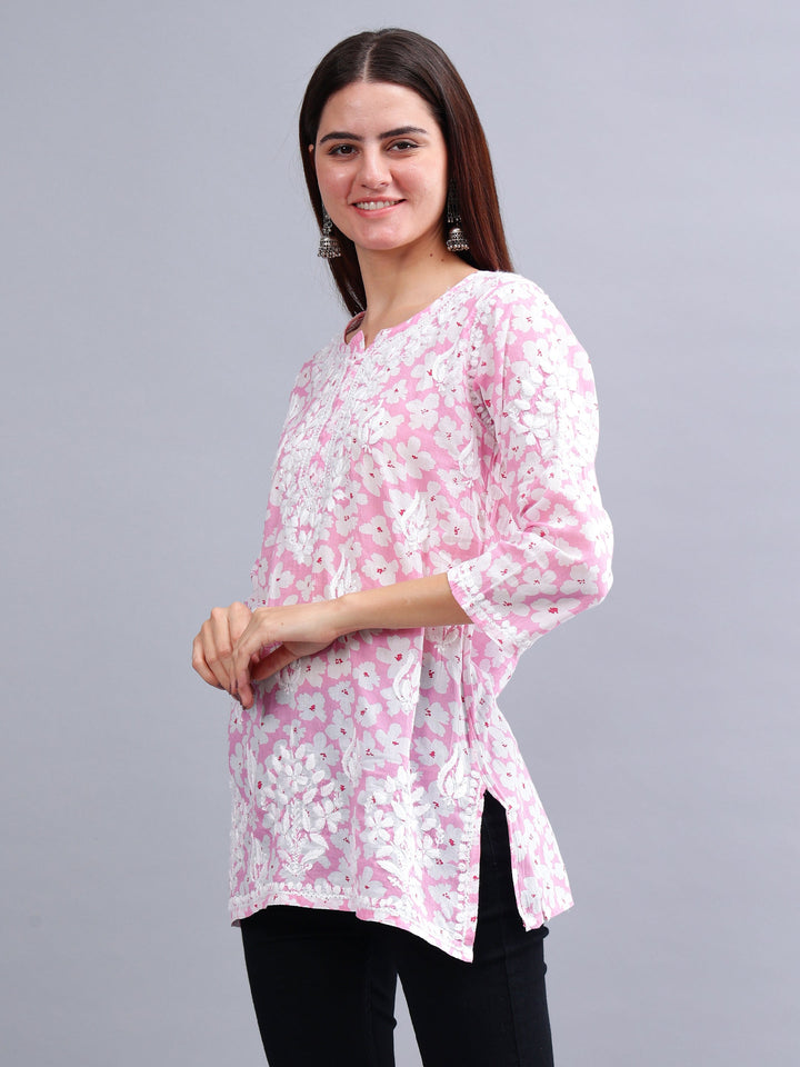 Pink-Mulmul-Embroidered-Chikankari-Short-Tunic