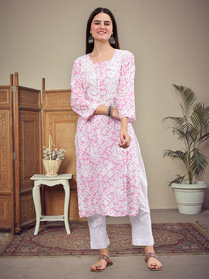 Pink Mulmul Hand Embroidered Chikankari Kurta