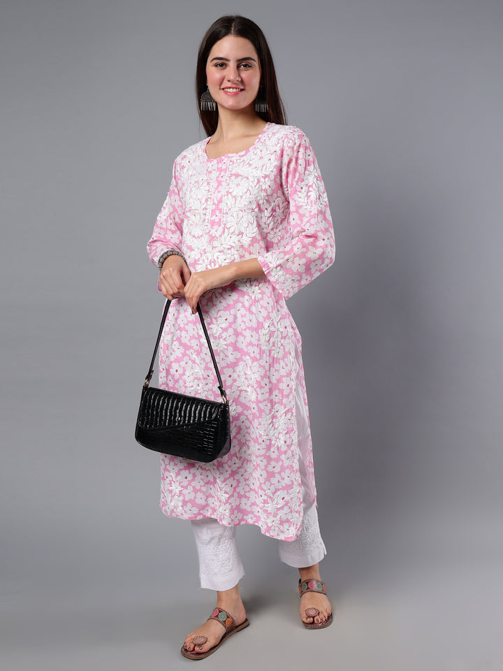 Pink Mulmul Hand Embroidered Chikankari Kurta