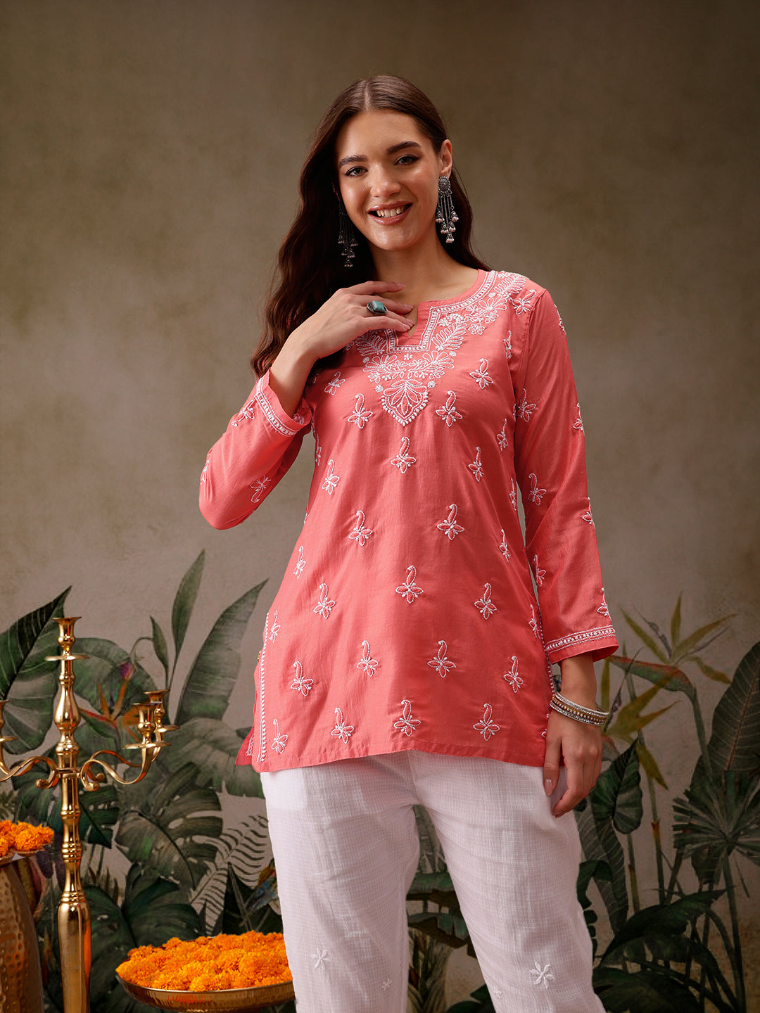 Pink Muslin Lucknowi Chikankari Tunic Only