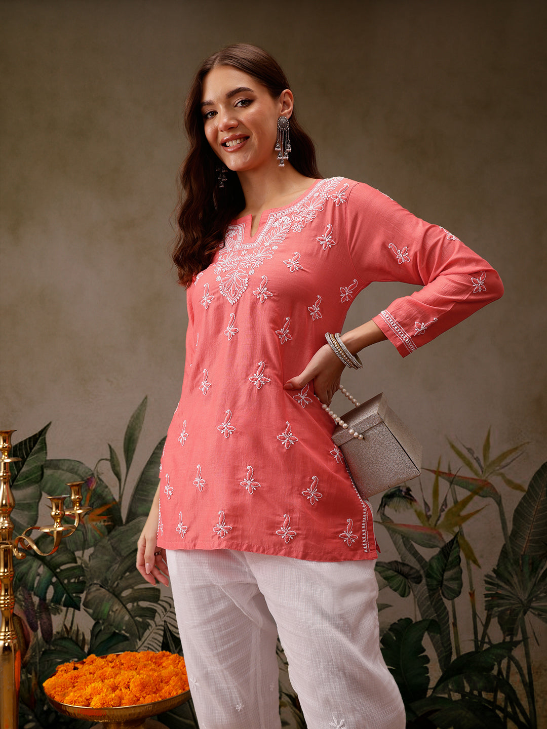 Pink Muslin Lucknowi Chikankari Tunic Only