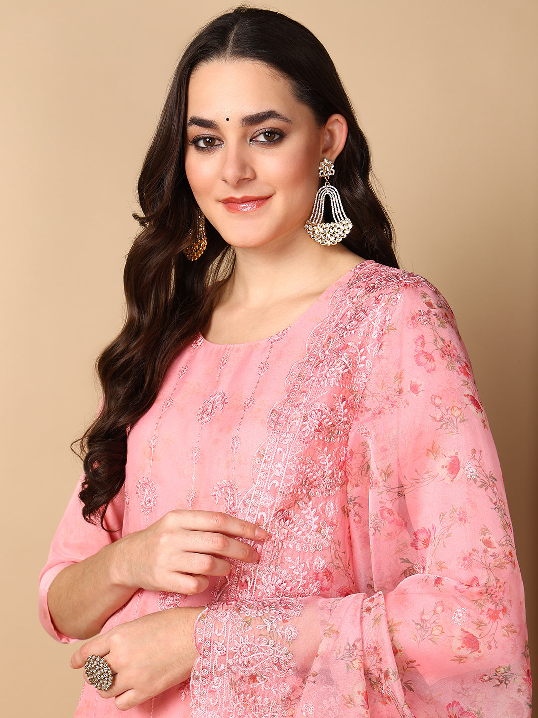 Pink Organza Floral Embroidered Straight Kurta Trouser With Dupatta