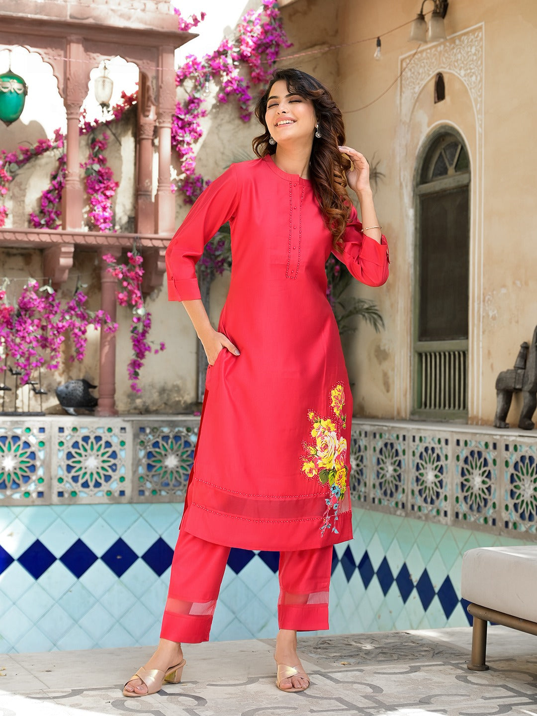 Pink-Silk-Patch-Work-2-Piece-Kurta-Set