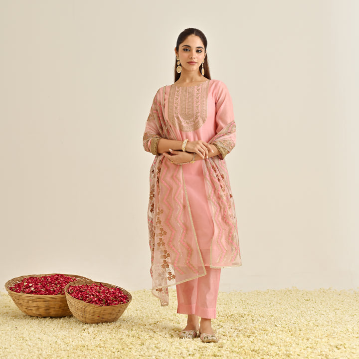 Pink Poly Chanderi Embroidered Yoke Detail 3-Piece Kurta Set