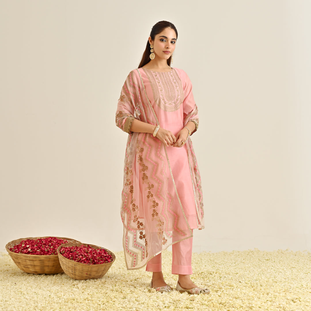 Pink Poly Chanderi Embroidered Yoke Detail 3-Piece Kurta Set