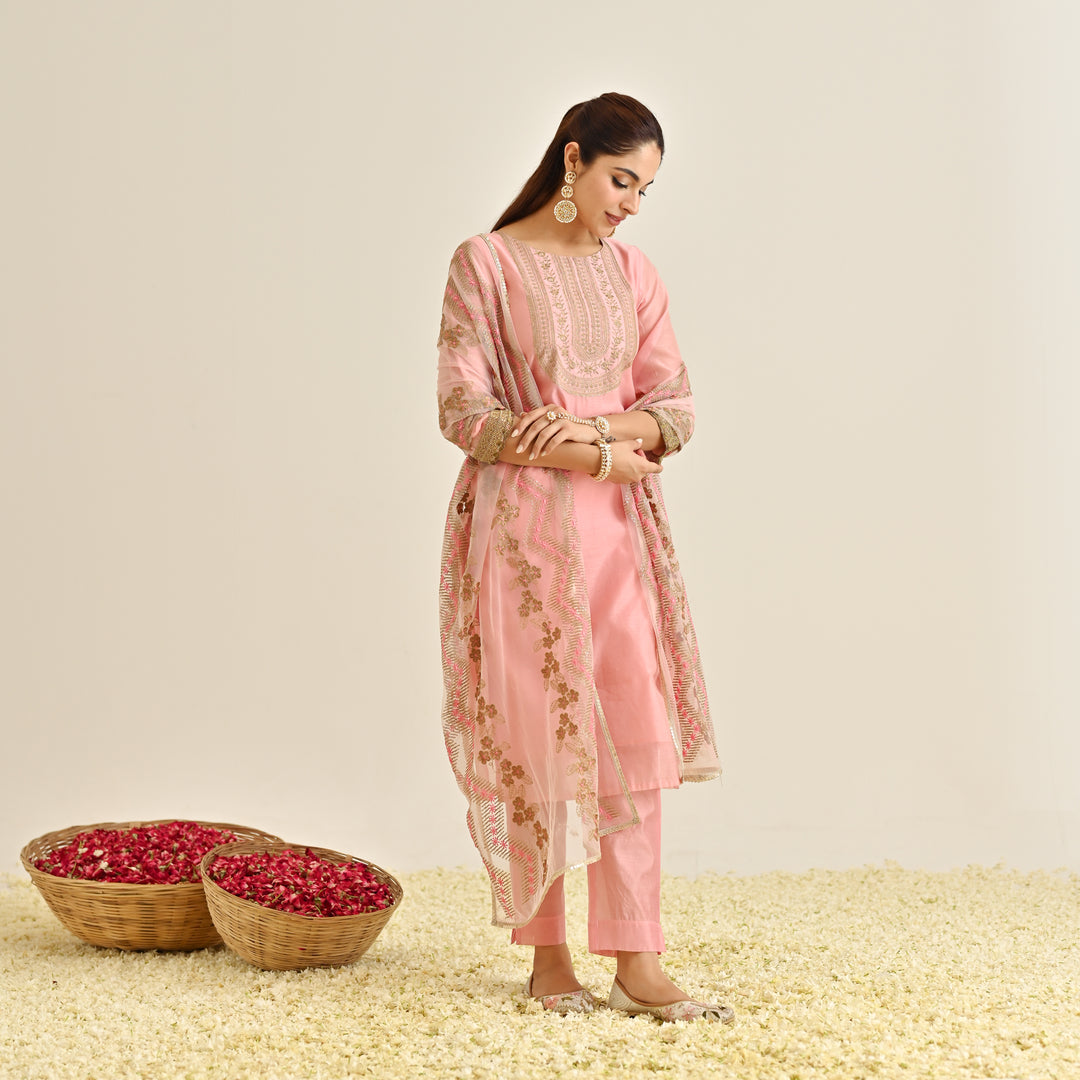 Pink Poly Chanderi Embroidered Yoke Detail 3-Piece Kurta Set