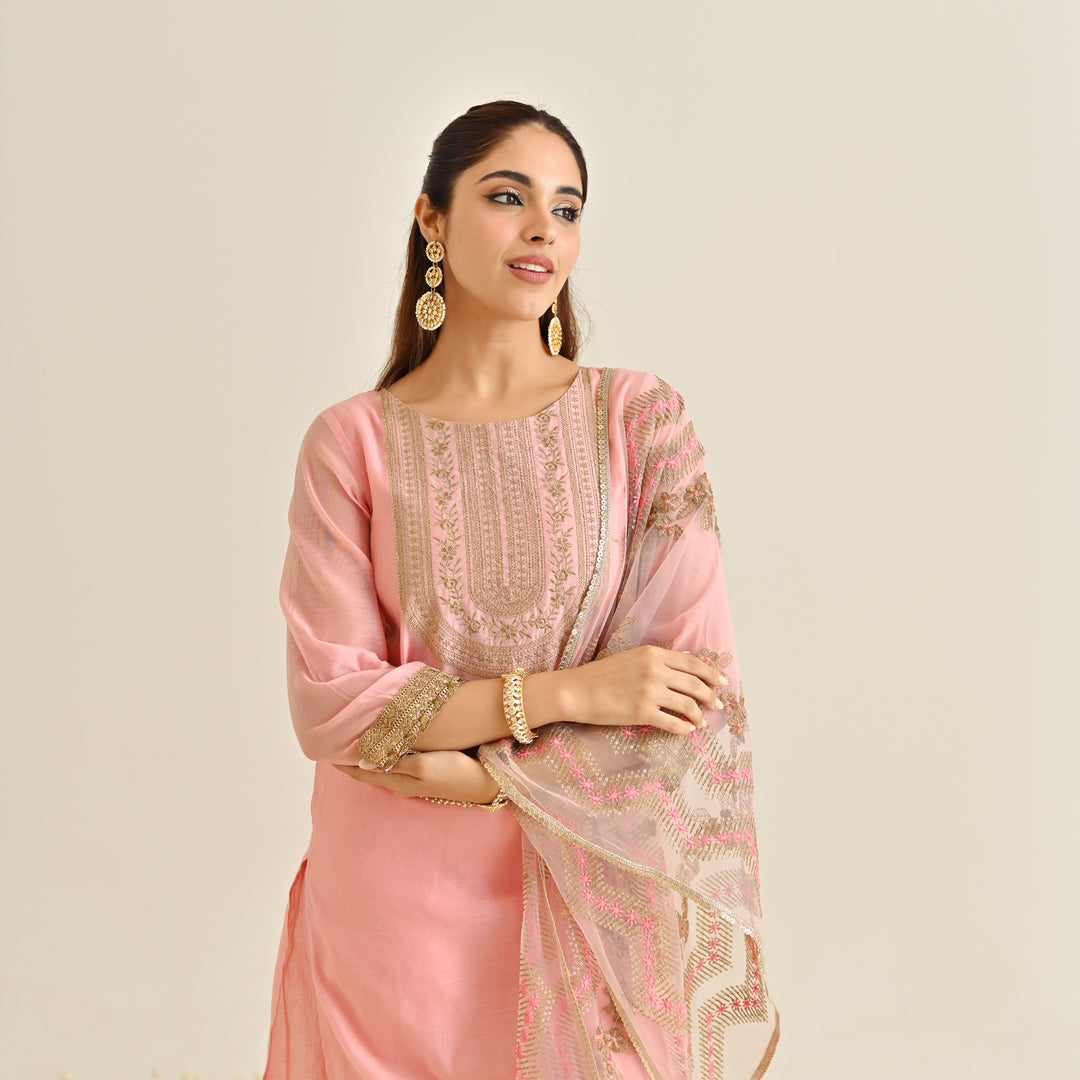 Pink Poly Chanderi Embroidered Yoke Detail 3-Piece Kurta Set