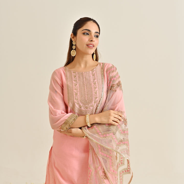 Pink Poly Chanderi Embroidered Yoke Detail 3-Piece Kurta Set