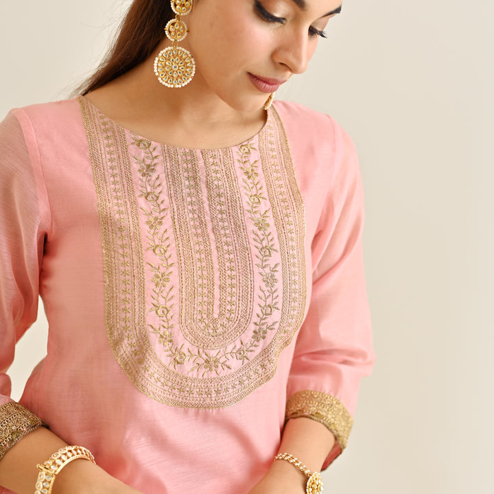 Pink Poly Chanderi Embroidered Yoke Detail 3-Piece Kurta Set