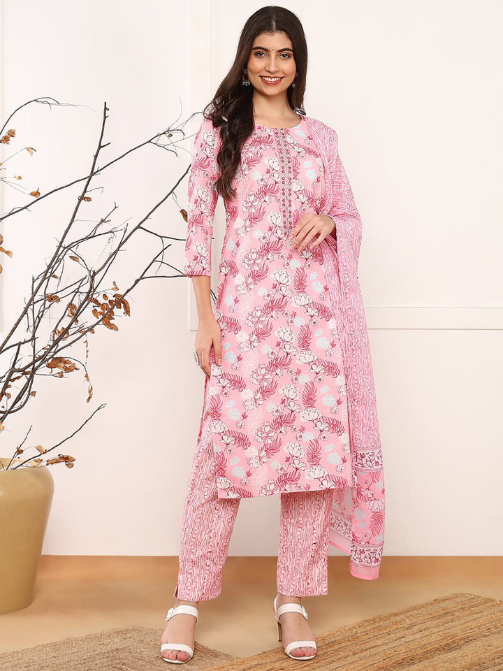 Pink-Poly-Rayon-Floral-Printed-3-Piece-Kurta-Set