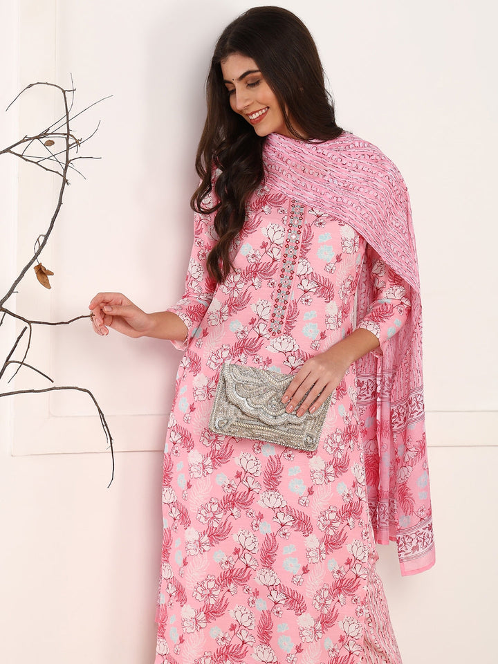 Pink-Poly-Rayon-Floral-Printed-3-Piece-Kurta-Set