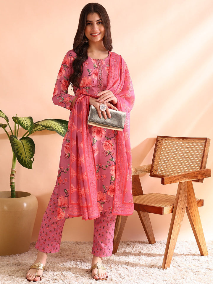 Pink-Poly-Rayon-Floral-Printed-Straight-3-Piece-Kurta-Set