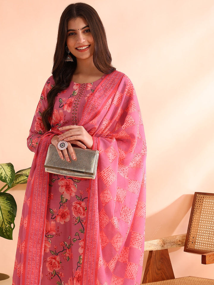 Pink-Poly-Rayon-Floral-Printed-Straight-3-Piece-Kurta-Set