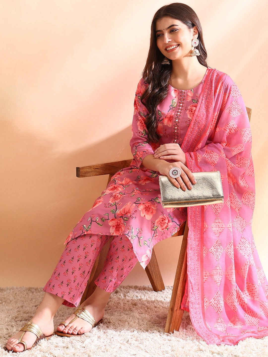 Pink-Poly-Rayon-Floral-Printed-Straight-3-Piece-Kurta-Set