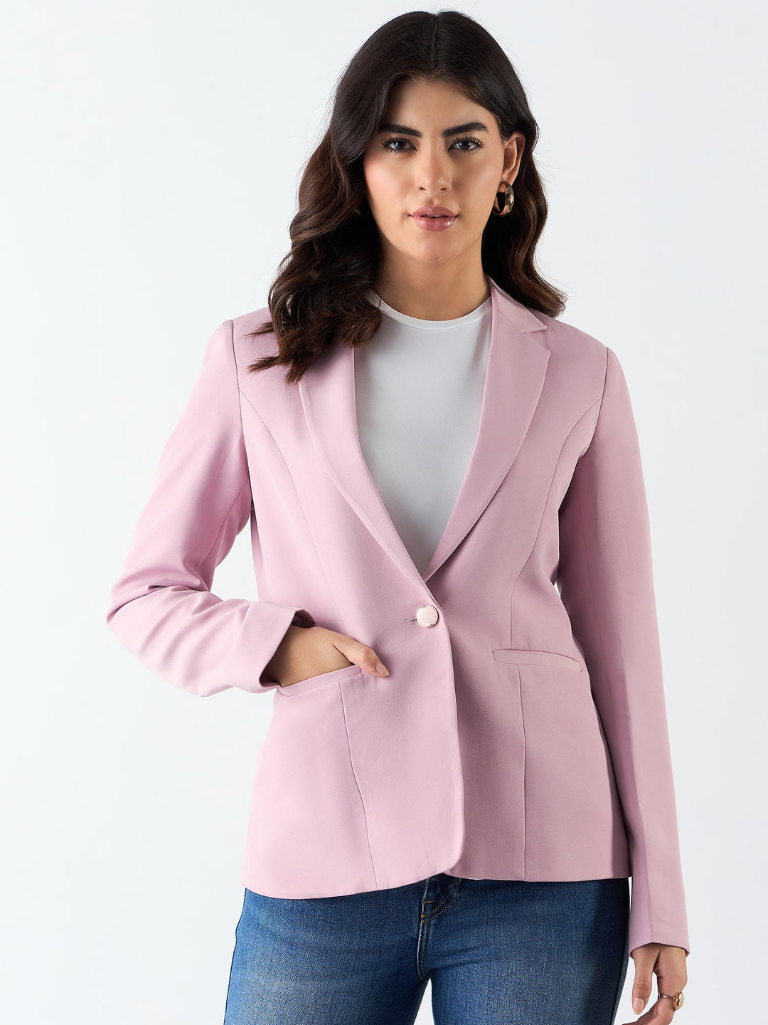 Pink-Poly-Viscose-Notched-Lapel-Single-Breasted-Blazer