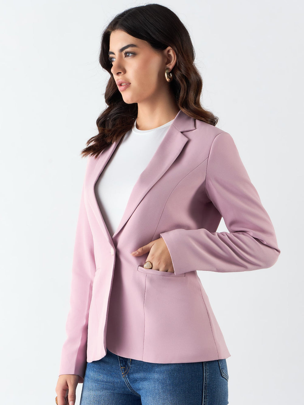 Pink-Poly-Viscose-Notched-Lapel-Single-Breasted-Blazer