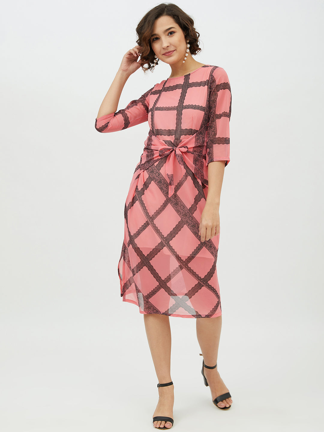 Pink-Polyester-Check-Front-Tie-Knot-Midi-Dress
