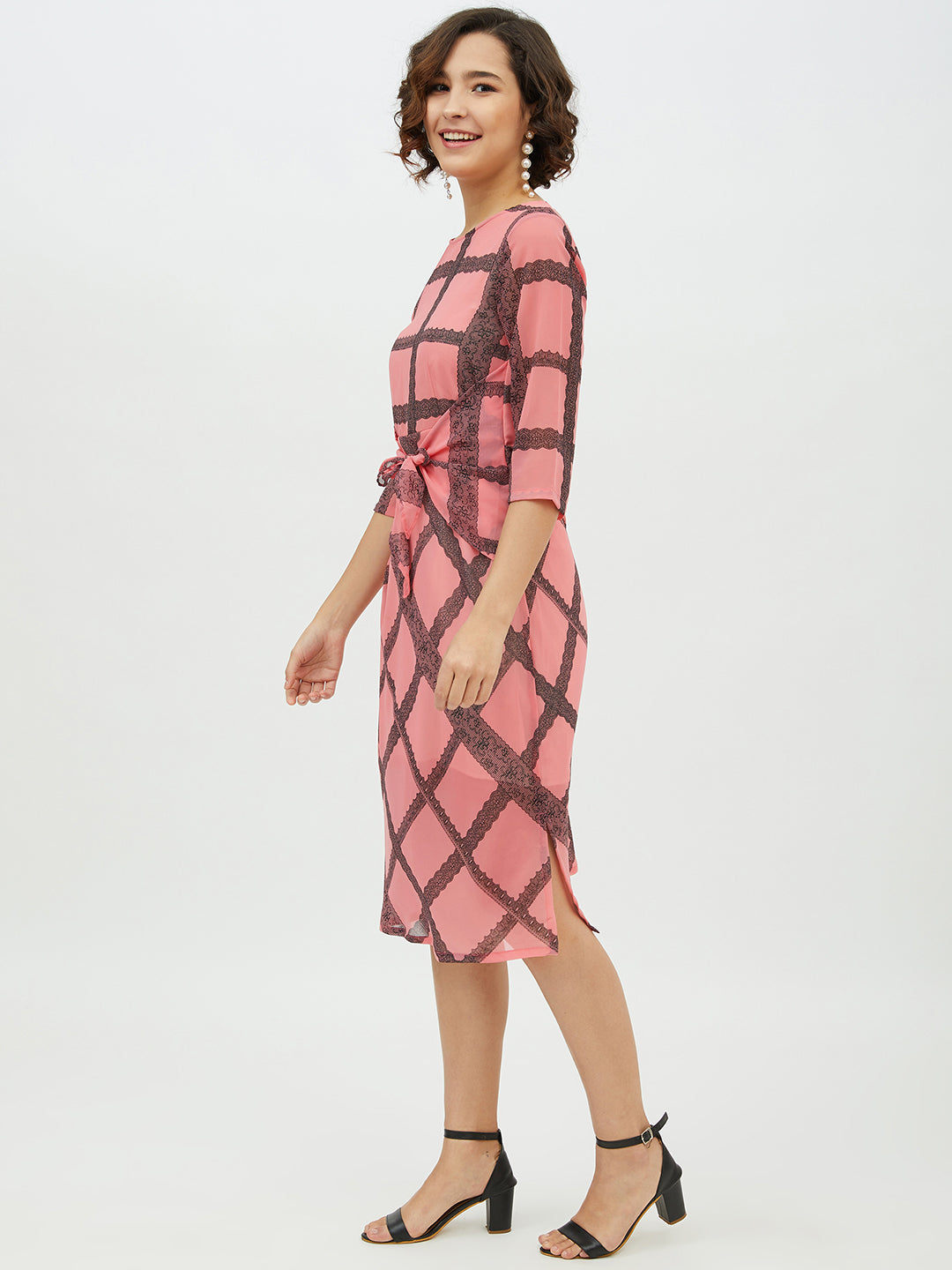 Pink-Polyester-Check-Front-Tie-Knot-Midi-Dress