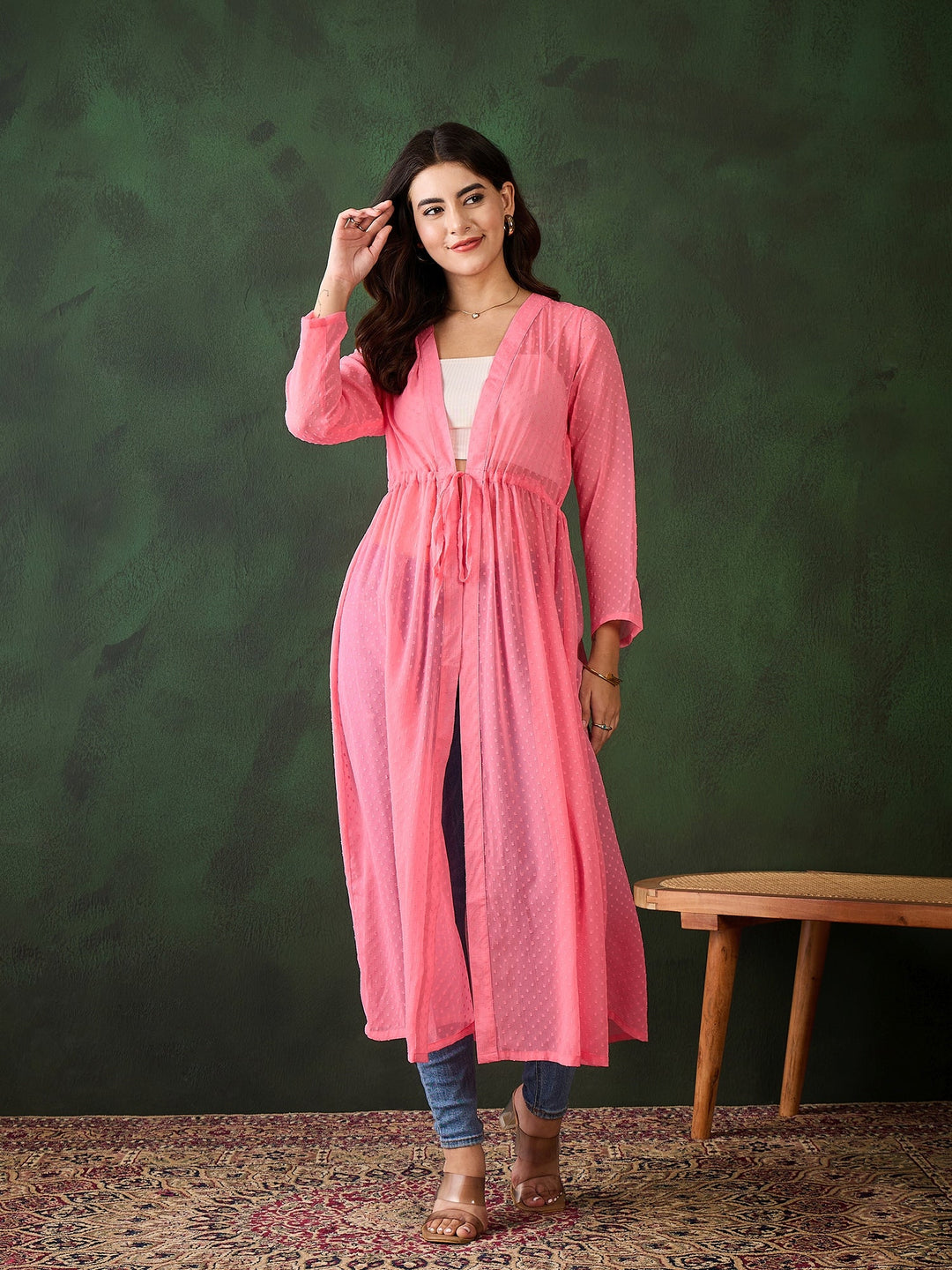 Pink-Polyester-Crepe-Sloral-Self-Print-Chisson-Longline-Shrug